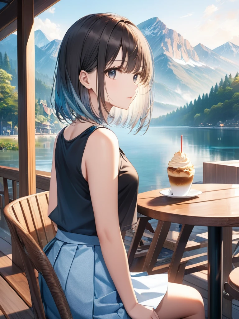 (looking away:1.9),(from side:1.5),(masterpiece:1.2), (best quality),(ultra detailed),(extremely detailed),(absolutely resolution) ,absurdres,8k, 1girl-drinking-hot-coffee-in-cafeteria-outdoor,sitting-on-the-woody-chair, cake, beautiful-landscape-background, mountain, shinny-lake, flowers,
BREAK, ultra detailed eyes, bobcut, (gradation hair:1.3), tanktops, skirt,