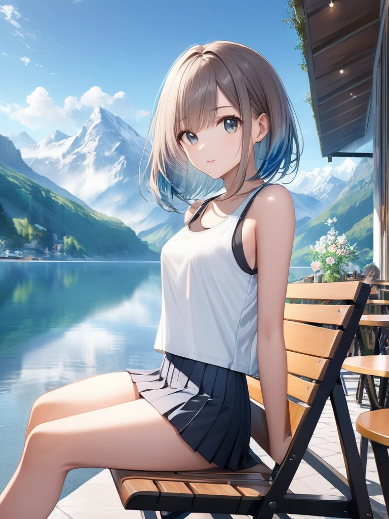 (looking away:1.9),(from side:1.5),(masterpiece:1.2), (best quality),(ultra detailed),(extremely detailed),(absolutely resolution) ,absurdres,8k, 1girl-drinking-hot-coffee-in-cafeteria-outdoor,sitting-on-the-woody-chair, cake, beautiful-landscape-background, mountain, shinny-lake, flowers, 
BREAK,  ultra detailed eyes, bobcut, (gradation hair:1.3), tanktops, skirt,