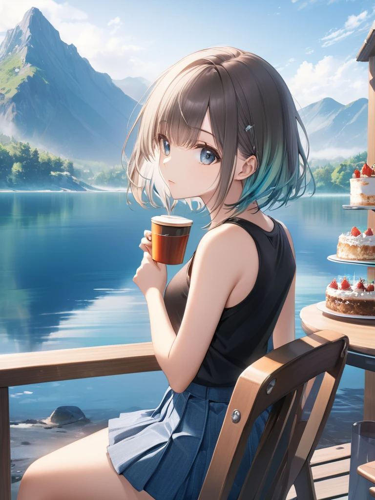(looking away:1.9),(from side:1.5),(masterpiece:1.2), (best quality),(ultra detailed),(extremely detailed),(absolutely resolution) ,absurdres,8k, 1girl-drinking-hot-coffee-in-cafeteria-outdoor,sitting-on-the-woody-chair, cake, beautiful-landscape-background, mountain, shinny-lake, flowers, 
BREAK,  ultra detailed eyes, bobcut, (gradation hair:1.3), tanktops, skirt,