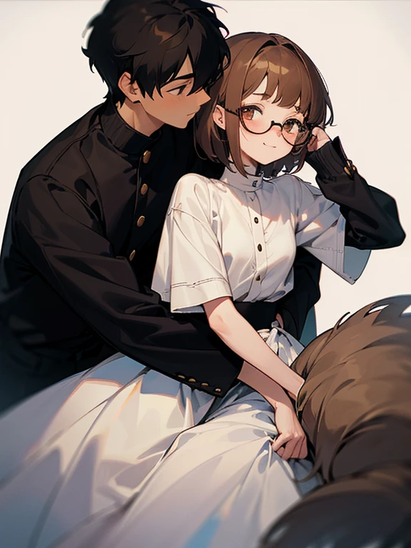 Do anime-style, a wedding couple, where the hugs her boyfriend by the shoulder, the girl is white, and she is 1'60 tall, with short hair, Wolf cut style, where the beginning is shorter and the back of her hair longer, reaching the never, Her hair is medium dark and light brown, her eyes are somewhat round of the same color, (she wears glasses, somewhat rectangular in shape of black) she is smiling and she is somewhat blushing, she is dressed in a white blouse with details, what is she wearing next to a black hoodless sweater (it is a little big since it is her boyfriend's) now the boyfriend, he is 15 years old andhe is dark, his hair is short and somewhat straight dark brown, he has somewhat large and round eyes, he is also smiling and resting his head on his girlfriend's head, He wears a gray button-down shirt. That it is seen only from the waist up of the partner.