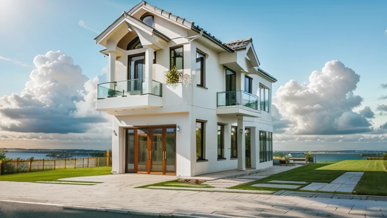 exterior house, contemporary style, white wall, wood wall, wood door, glass window, (realistic:1.2), Masterpiece, high quality, best quality, authentic, super detail, outdoors,road,pavement, grass, trees, sky, cloud, (daylight:1.1)