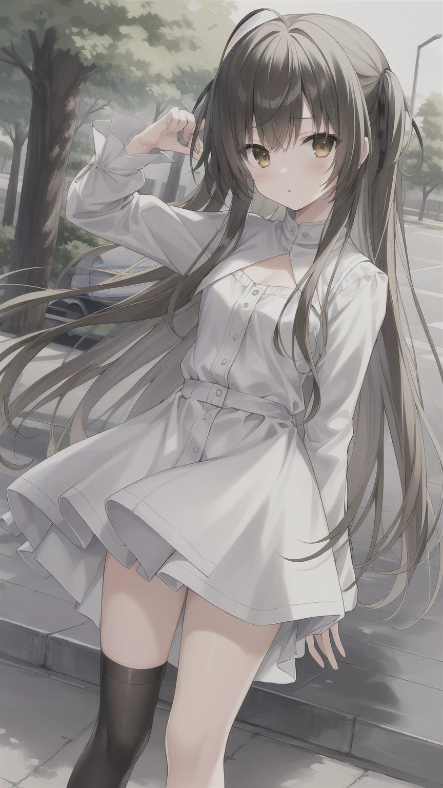 ((masterpiece:1.4, best quality)) ,Kasugano Sora,Naughty and energetic girl,Brown eyes,Happy,Long straight hair,Black knee-high socks Jane Shoes,summer,Colorful streets,Mint jacket