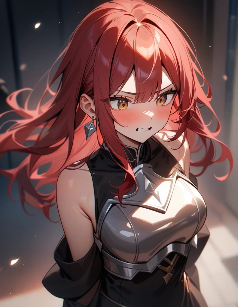 (high quality, 8K, 4k, masterpiece:1.2, high quality, best aesthetics), 1girl with silver chest plate earings,long red hair,terrible expression,medium breast