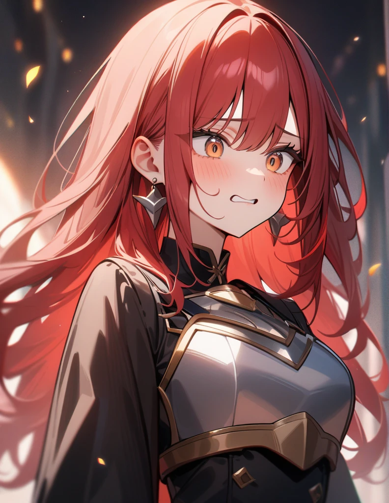 (high quality, 8K, 4k, masterpiece:1.2, high quality, best aesthetics), 1girl with silver chest plate earings,long red hair,terrible expression,medium breast