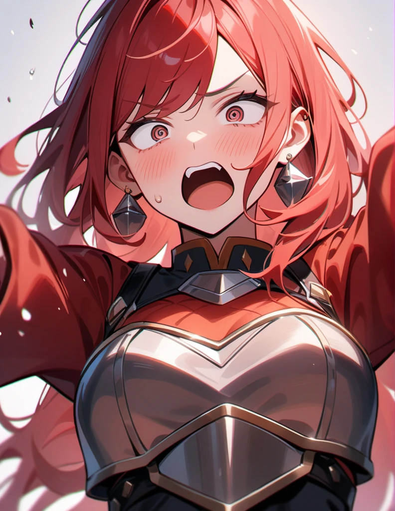(high quality, 8K, 4k, masterpiece:1.2, high quality, best aesthetics), 1girl with silver chest plate earings,long red hair,terrible expression,medium breast