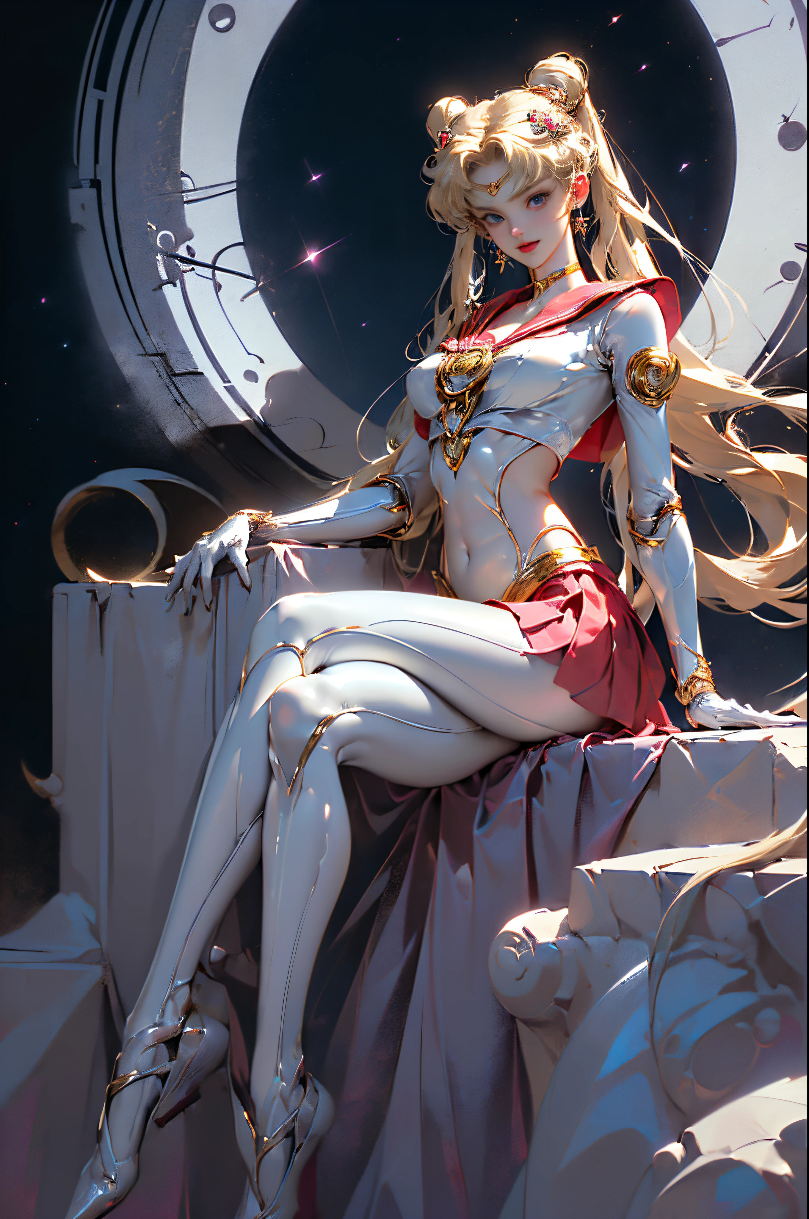((masterpiece)),((Official Wallpapers:1.4)),((sit up,The left leg is bent)),((Model pose)),((dynamic poses+Dynamic photography,Ultramicroscopy)),((From the bottom up)),((3D)), ((Ultra-realistic photos,Realistic)),((1 female)),((meishaonv,Super Sailor Moon,sailor moon:1.6,Eternal Sailor Moon)),((Funny hair growth:1.4)),((Twin ponytail blonde:1.4,Sausage head,red bun hair accessories)),((apparel:Sailor warrior:1.6,(You can see)Super mini skirt:1.6,Lewd exposure,cute big breasts)),((Sailor Suit:Sailor Color,metallic blue)),((The red chew has a big red bow on it,Upper arm length white latex gloves:1.6,There is a luxurious golden crown on the forehead,Ear nipple rings,Luxury gold jewelry decoration)),((High Leg Swimsuit)),((Very thin and form-fitting high-gloss white holographic leather、High-gloss white latex High Leg Swimsuit,shiny like oil)),(Delicate face:1.5),((Delicate eyes,beautiful eyes,Blue eyes,Iris Outline,Long eyelashes,Beautiful expression with double eyelashes,Energetic smile)),((Thin lips:1.5)),((Lean and muscular,Convex)),((Anatomically perfect proportions:1.6,Big breasts and thin waist)),((Cleansing the skitomically correct 2 hands:1.6)),((Anatomically correct 2 legs:1.6)),((The right hand:1.6,Complete and beautiful five fingers:1.6)),((High quality octane rendering)),((dramatic graphic background:Starry Sky,moonlight,Huge Moon)), (( professional quality,Perfect photography, Ray Tracing, perfect volumetric lighting )),((quality,CG Unity presents ultimate details,32k)), ((Super detailed:1.2,Intricate details:1.2)),