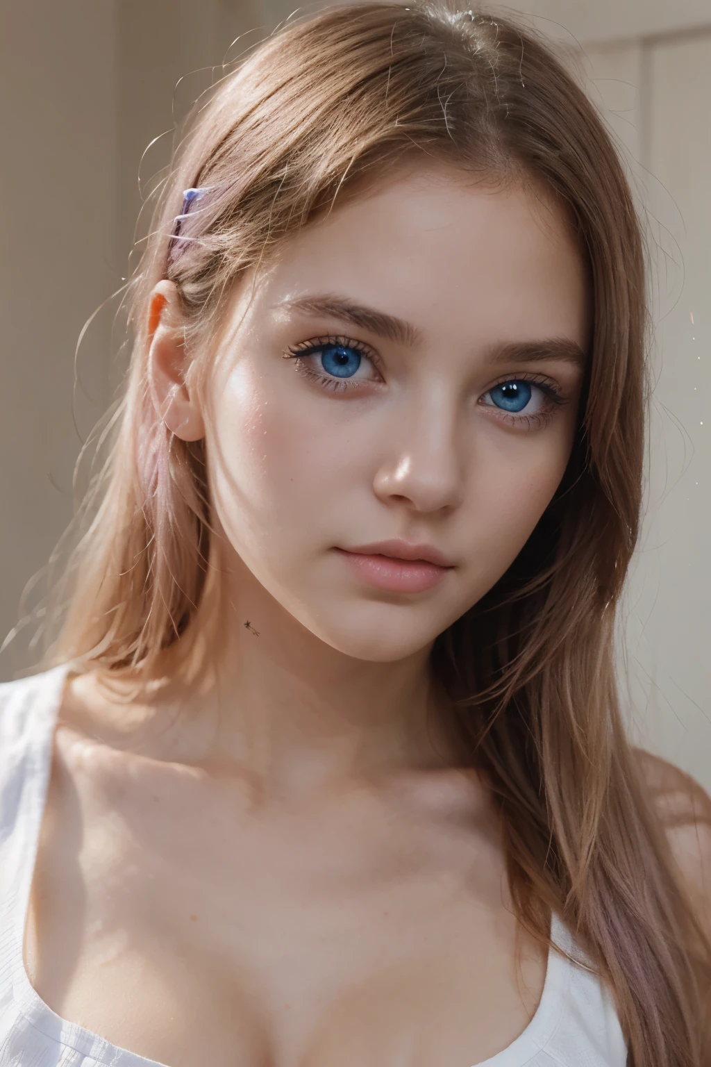 very beautiful girl with blue eyes pinkish whitish skin 