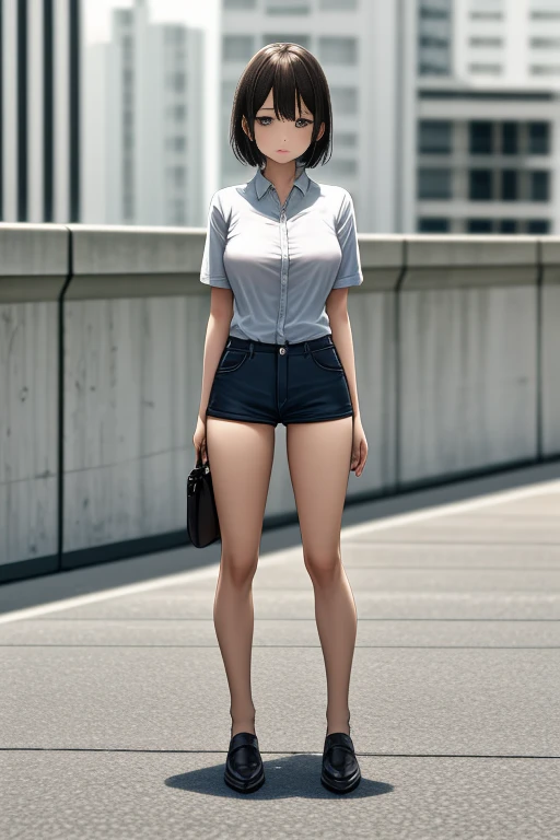 woman in short pants fashion , Standing on the Rooftop, full body shot