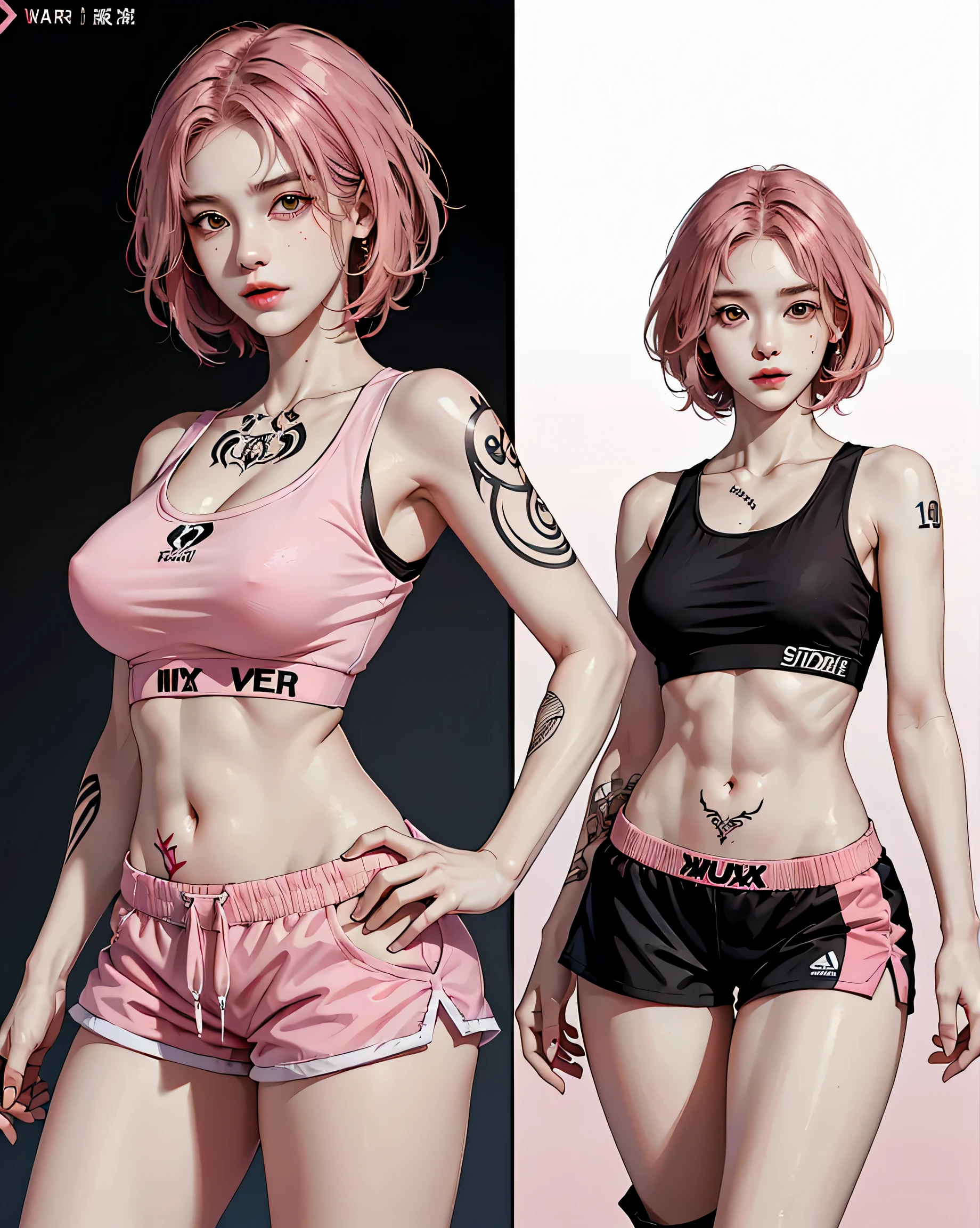 Perfect Style, Beautiful Face, Highly detailed face and skin texture, (Maximum resolution: 1.2), 1 female, alone, Hip Up, jewelry, (((Has a lot of tattoos all over his body)), Streetwear, Sports Bra, Pink Hair, Shorts, sports boots, (((Narrow waist))), ((Big Breasts))