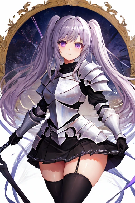 masterpiece, best quality, 1girl, light purple hair, long hair, twintails, bright purple eyes, cute, (black and silver knight armor, skirt, stockings:1.3), (curvy, slim waist, bottomheavy, thick thighs, wide hips:1.1), forest