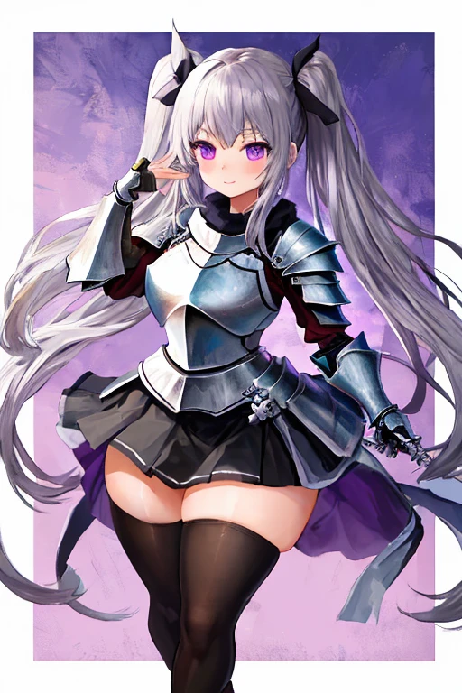 masterpiece, best quality, 1girl, light purple hair, long hair, twintails, bright purple eyes, cute, (black and silver knight armor, skirt, stockings:1.3), (curvy, slim waist, bottomheavy, thick thighs, wide hips:1.1), forest