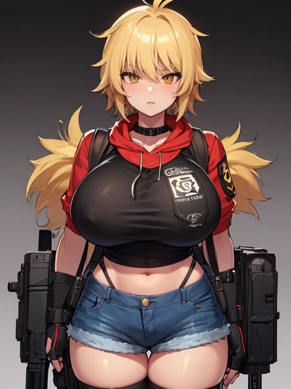 solo 1girls thick figure thick thighs size huge breast hard nipple size fat ass yellow eyes tan skin short blonde messy hair wear fingerless gloves wear short crop top hoodie wear short crop jean wear holster wear black stocking tight outfit holding a rifle on hands wear tactical backpack wear tactical goggle on head 