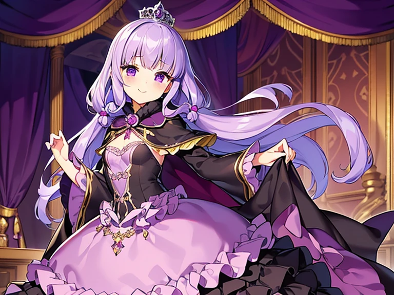 (kawaii),(best quality),(ultra detailed), upper body,(rococo style),(long train dark violet cape:1.15), very long cape,(long train dark violet ball gown with flower decorations), a girl is wearing a cape over her gown, 1 little princess, tiara, smile, small breasts, very long hair