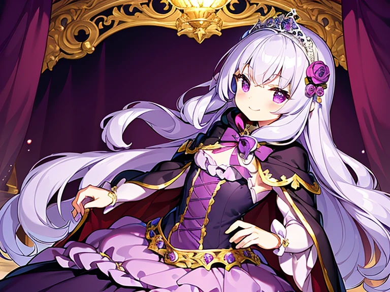 (kawaii),(best quality),(ultra detailed), upper body,(rococo style),(long train dark violet cape:1.15), very long cape,(long train dark violet ball gown with flower decorations), a girl is wearing a cape over her gown, 1 little princess, tiara, smile, small breasts, very long hair