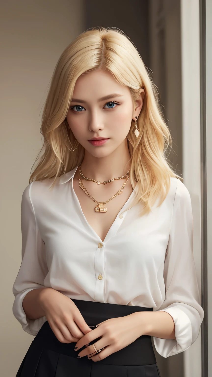 29歳のBlonde woman1人 with long hair posing for a picture, Beautiful blondeの女の子, beautiful Blonde woman, blonde and attractive features, Beautiful blonde, 8K Soft Portrait, Blonde woman, Beautiful female model, beautiful young woman with blonde hair, Blonde Swedish woman, long Blonde HairとAmber Eyes brillantes, Blonde Hair、Amber Eyes, Blonde HairとAmber Eyes, (Upper body photo), (White blouse and black tight skirt), Necklace and small earrings
