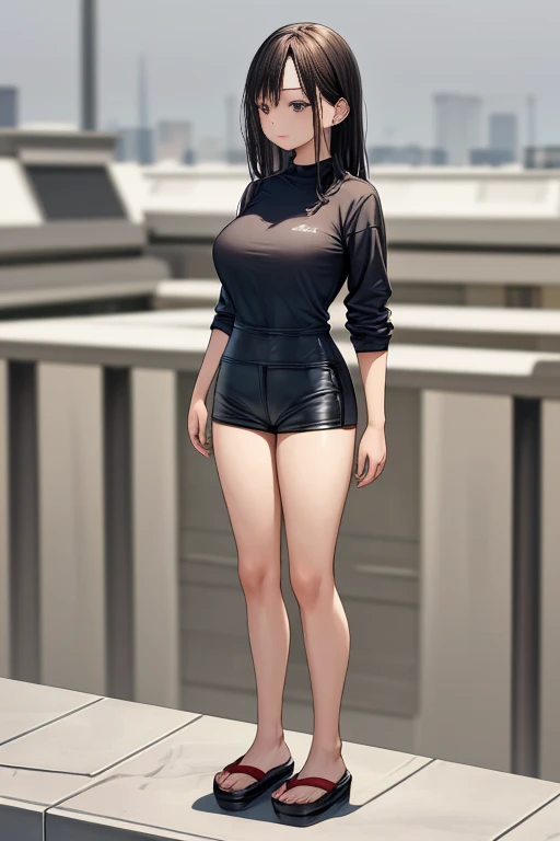 woman in short pants fashion , (Standing on the Rooftop:1.3), full body shot