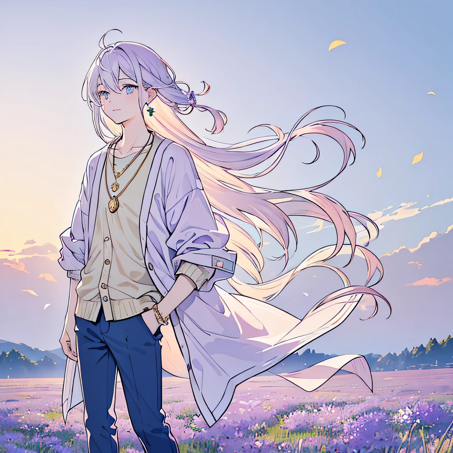 ((best quality)), ((masterpiece)), (detailed), perfect face. 1guy, androgynous, gold eyes, long lilac hair, straight hair, gradient hair, button shirt, soft blue cardigan, casual pants, simple clothing, simple necklace, small locket, long earrings, standing, flower meadow, windy