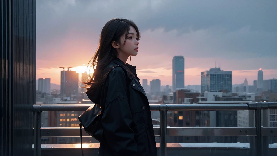 A masterpiece of perfect art. The girl with earphones on looked at the rainy sky.. In the middle of the sky, The sun was shining dimly.The woman was standing on the roof of a tall building, like a scene from a movie.. The atmosphere of light and color is beautiful and fascinating..