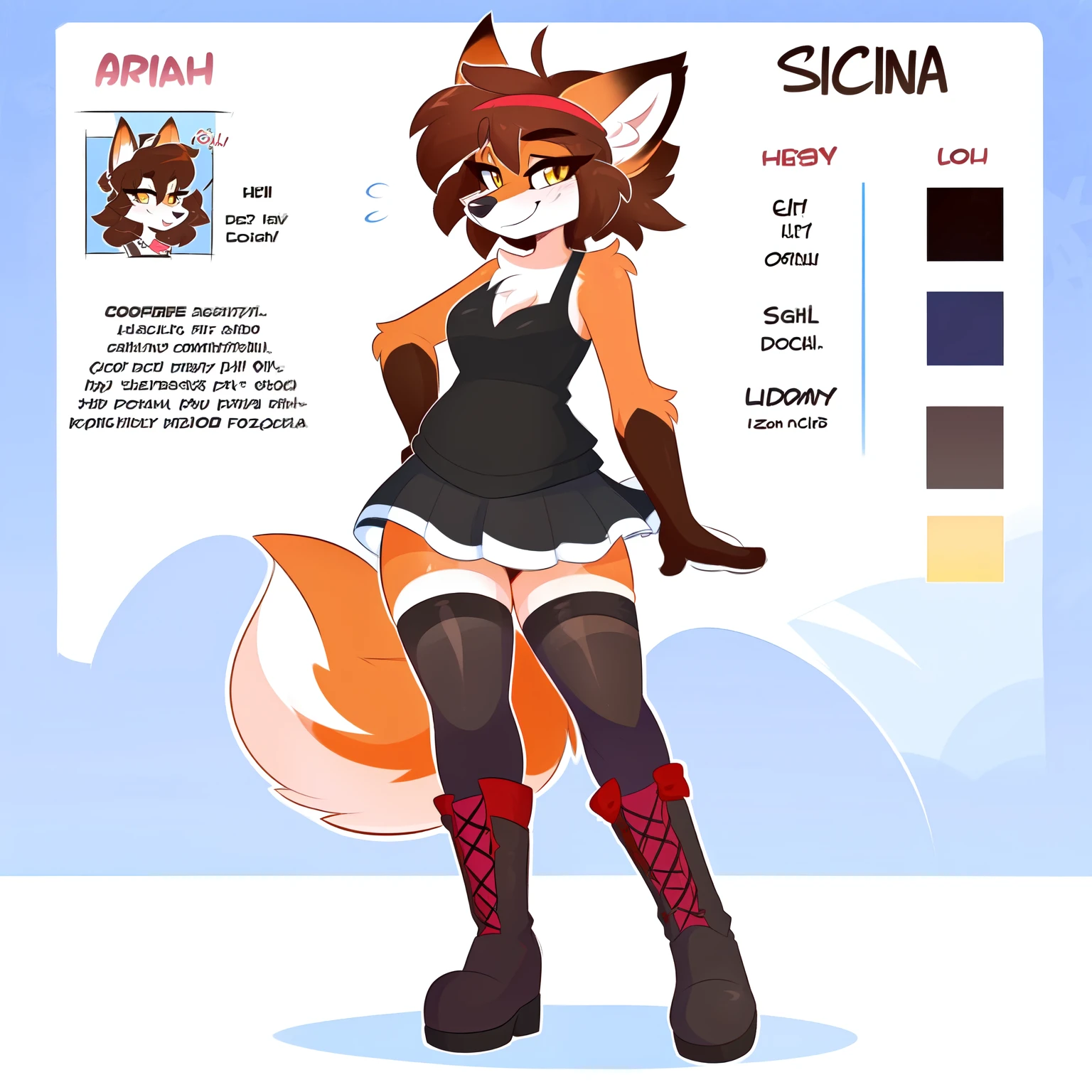 by Kilinah, by Coffeesoda, by Hioshiru, by Kilinah, Beautiful and detailed portrait of a female anthro fox (((female)), Zenematic lighting, (((confident, seductive))), BL, fox, Thighighs, large chest, full body, beautiful, messy hair, short hair, suggestive pose, standing, brown hair, 1girl, solo, red headband, yellow eyes, lustful face, solo, 1girl, gothic costume, black tank top, white skirt, ripped stockings, boots, suggestion, lust, smug smile, character bragging, reference sheet