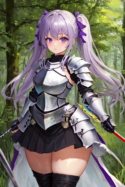 masterpiece, best quality, 1girl, light purple hair, long hair, twintails, bright purple eyes, cute, (black and silver knight armor, skirt, stockings:1.3), (curvy, slim waist, bottomheavy, huge thighs, insanely wide hips:1.1), forest