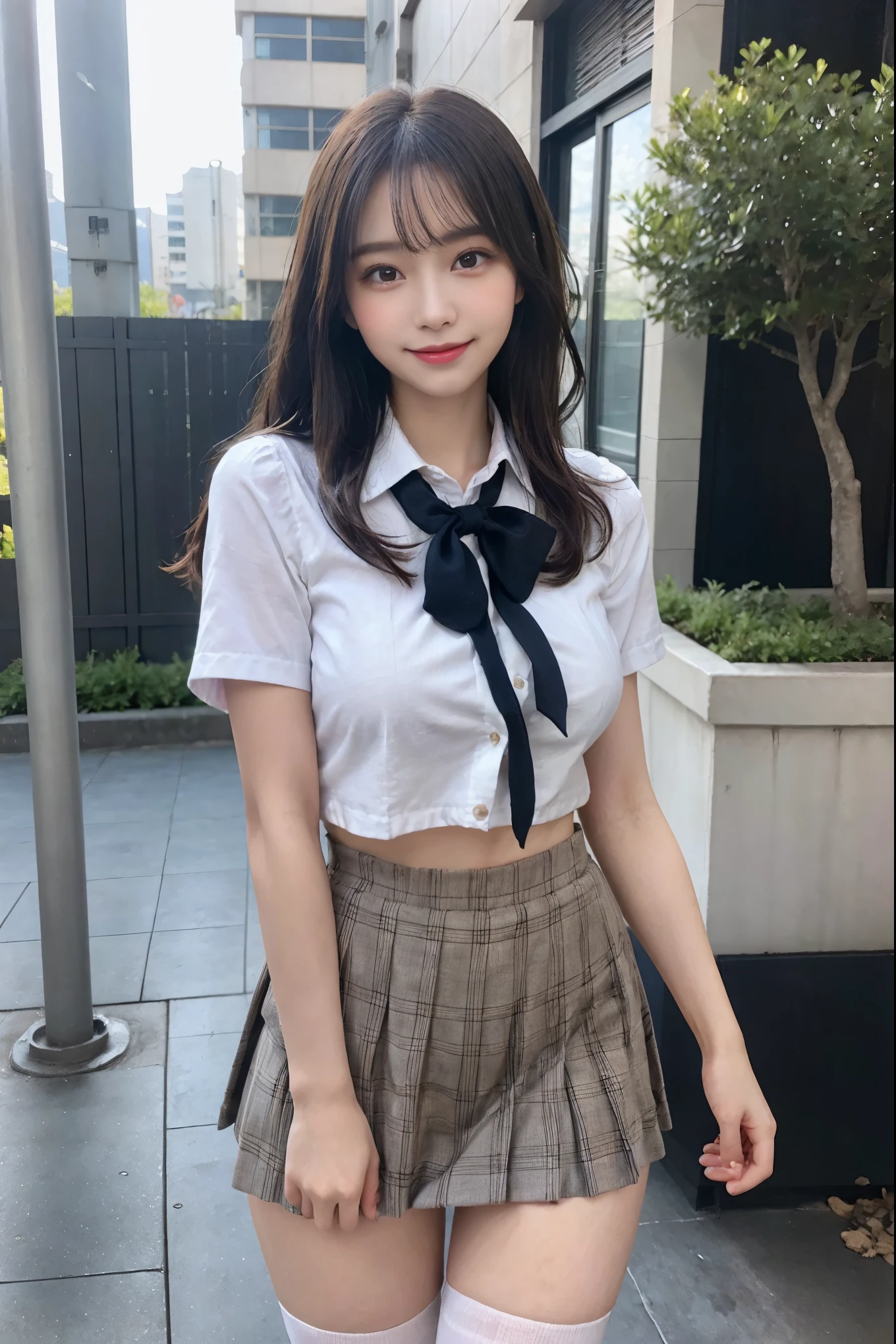 resolution, 1 girl, Watching the audience,Young beautiful Japanese woman, Super cute face, Gorgeous appearance, big breasts,Long Bob Hair,smile,(school uniform:1.3),Beautiful Eyes,(It&#39;s windy:1.3), 混雑した道をsmileで歩く,Glossy lips, Double eyelids on both eyes, Natural Makeup, Long eyelashes, 艶やかで滑らかなライトブラウンのLong Bob Hair, Asymmetrical bangs, Glowing Skin, Center image, 高resolution, High Detail, Detailed hairstyle, Detailed face, Great cinema lighting, Octane Rendering, Vibrant, Surreal, Perfect limbs, Perfect Anatomy, Spreading hair、Slender beauty:1.4、((Saggy breasts:1.4))、Chest exposed、slim abs、Curved Waist、(smile:1.2) 、(Pleated kirt lifted:1.2))、Slender and long beautiful legs、Open your feet wide、(Sheer black stockings:1.2)、(No underwear、Beautiful pussy exposed、Open up:1.2、pussy creampie、pubic hair:1.4)、(From below:1.2)、Backlight、