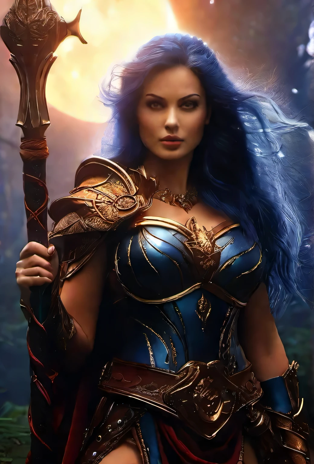 magv1ll high details, best quality, 16k, absurdres [ultra detailed], masterpiece, best quality, (extremely detailed), dynamic angle, ultra wide shot, photorealistic, ((fantasy art)) ((larry elmore style)), dnd art, rpg art, realistic art, female human druid of the stars, guardian of nature, controlling magical energy made of stars, swirling blue stary magical light, divine symbols (1.5 intricate details, Masterpiece, best quality, absurdres), human female,  extremally beautiful, ultra feminine, dynamic hair, dynamic hair color, wearing leather armor, holding a staff, moon light, stars, dynamic natural background,  RPG art, magical atmosphere magic-fantasy-forest, ultra best realistic, best details, best quality, absurdres, 16k, [ultra detailed], masterpiece, best quality, (extremely detailed), ultra wide shot, photorealism, depth of field, hyper realistic painting, 3D rendering, ((big breast, nsfw)), nude