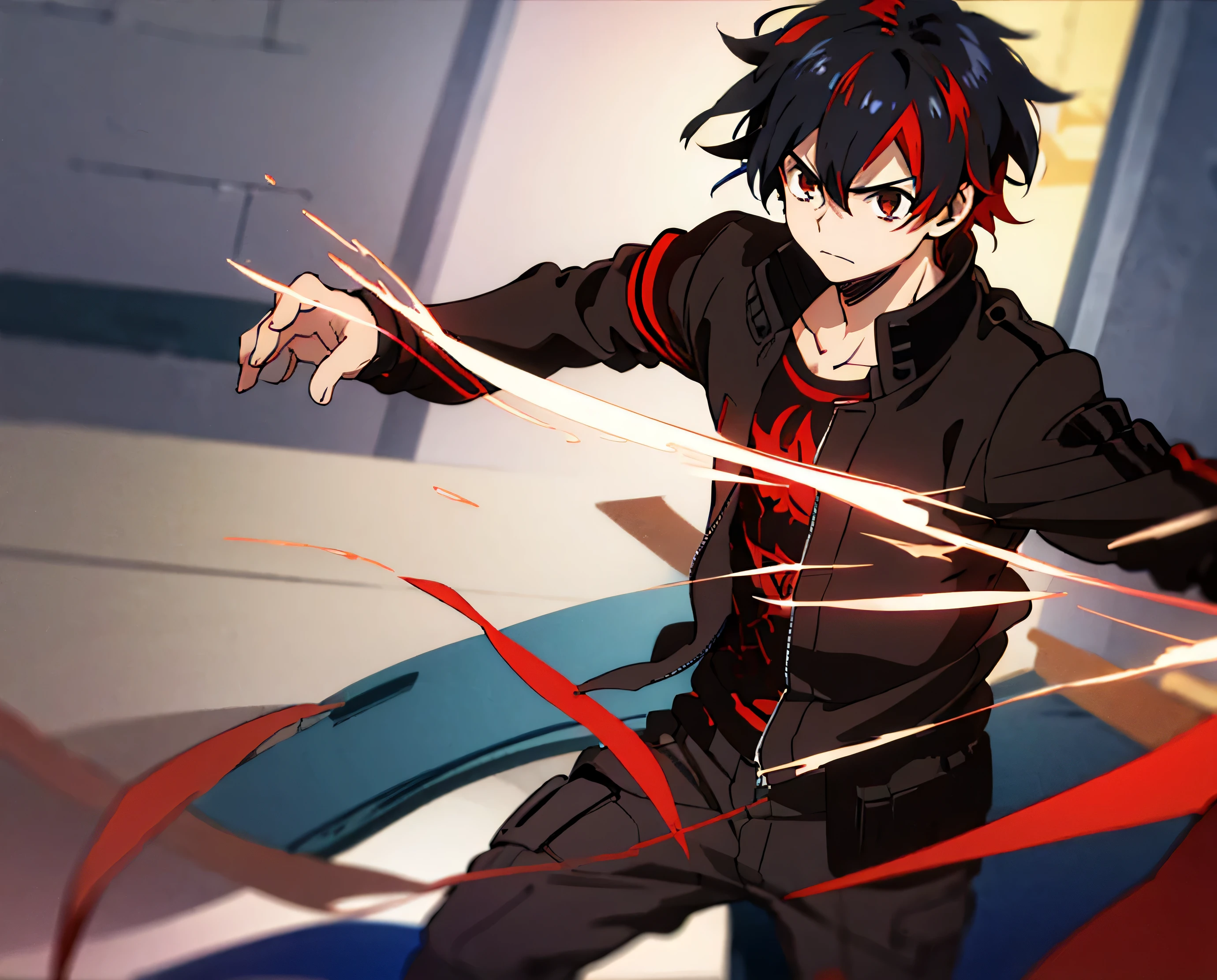 Animedesign,HD,male,1man,Red Black hair,red hair,black hair,multicolored hair,split color hair, Black shirt,Brown jacket,city background but aftermoon,Revenge,open jacket