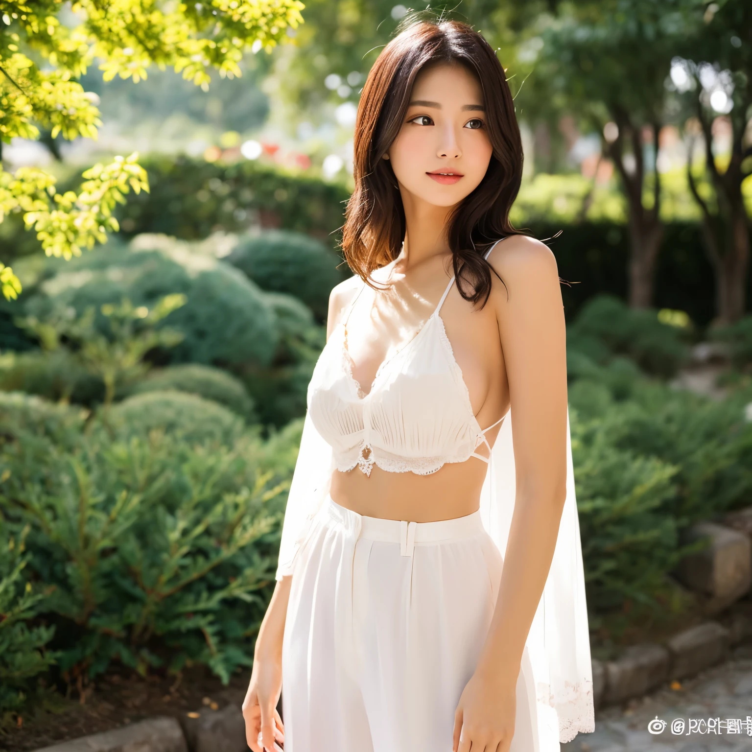 Japonesa, blusa blanca transparente, falda muy corta, hermosa, brasier amarillo