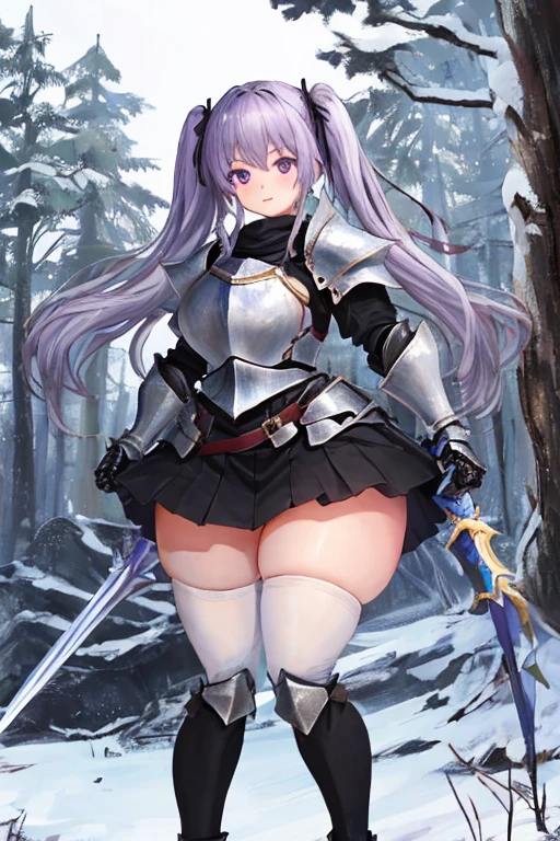 masterpiece, best quality, 1girl, light purple hair, long hair, twintails, bright purple eyes, cute, (black and silver knight armor, skirt, stockings:1.3), (curvy, slim waist, bottomheavy, huge thighs, insanely wide hips:1.1), forest