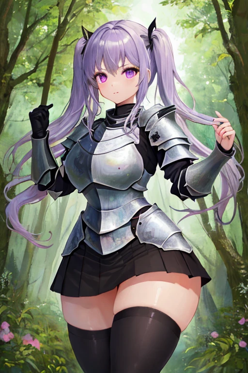 masterpiece, best quality, 1girl, light purple hair, long hair, twintails, bright purple eyes, cute, (black and silver knight armor, skirt, stockings:1.3), (curvy, slim waist, bottomheavy, huge thighs, insanely wide hips:1.1), forest