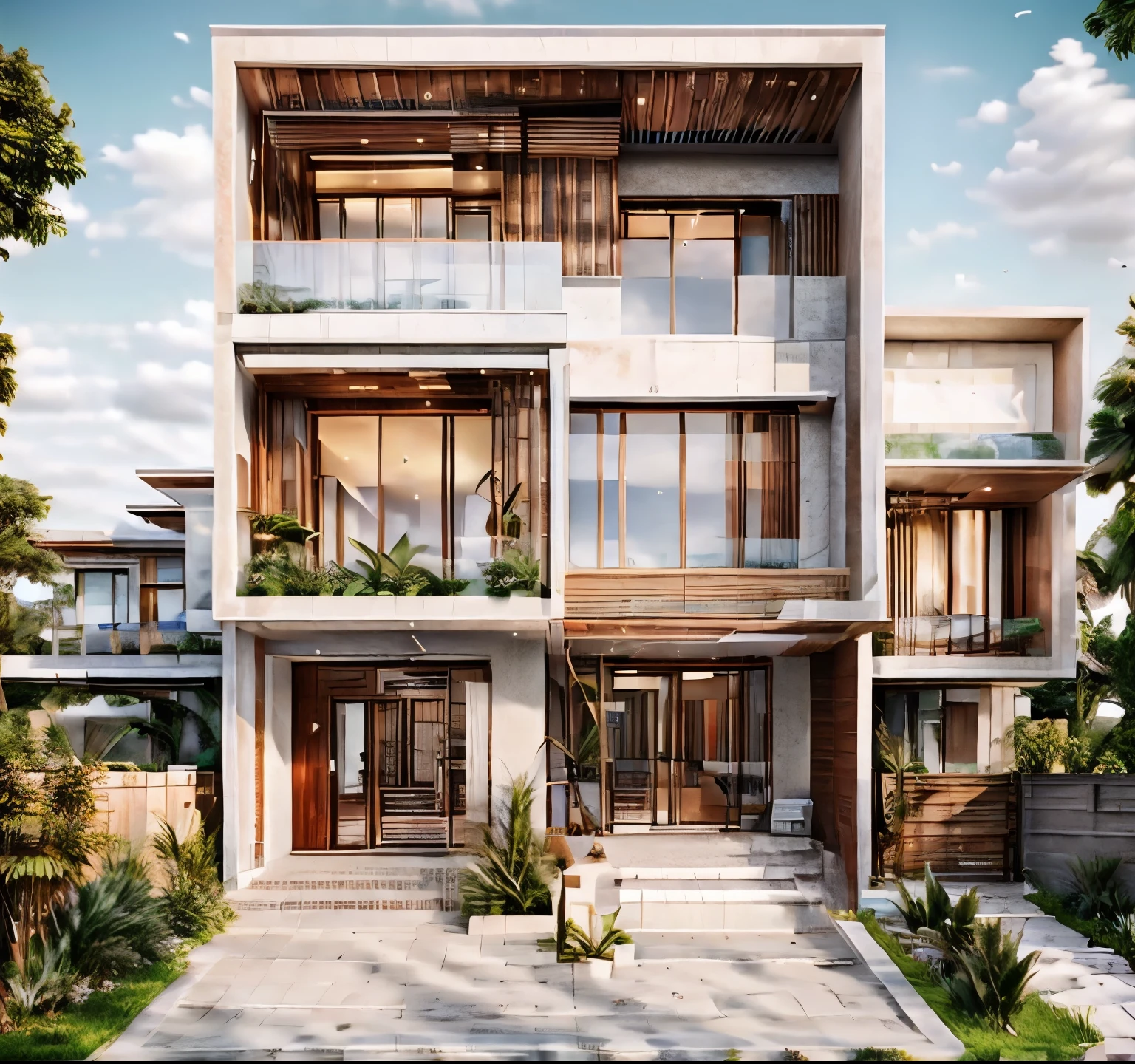 modern townhouse, glass windows, aluminum doors, tiled yard, tree tub, raw photo, best quality, high res,