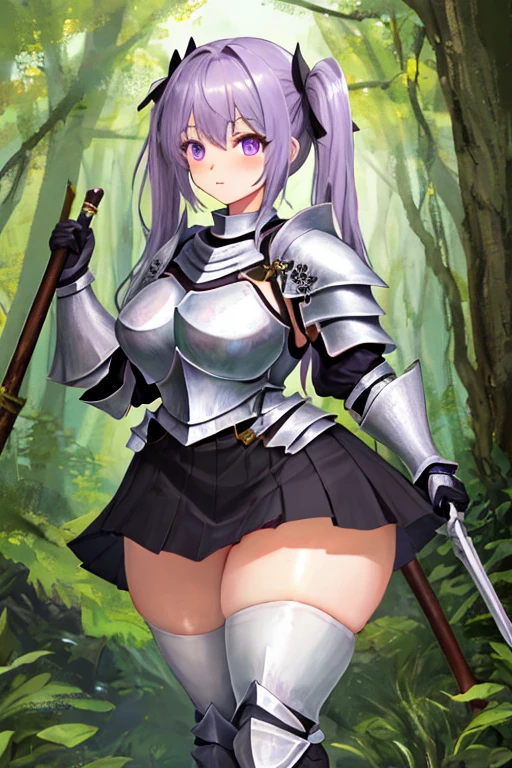 masterpiece, best quality, 1girl, light purple hair, long hair, twintails, bright purple eyes, cute, (black and silver knight armor, skirt, stockings:1.3), (curvy, slim waist, bottomheavy, huge thighs, insanely wide hips:1.1), forest