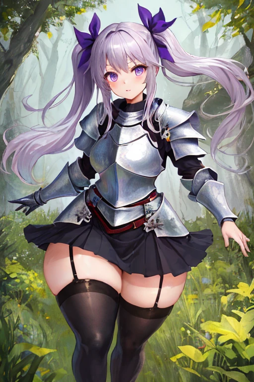 masterpiece, best quality, 1girl, light purple hair, long hair, twintails, bright purple eyes, cute, (black and silver knight armor, skirt, stockings:1.3), (curvy, slim waist, bottomheavy, huge thighs, insanely wide hips:1.1), forest