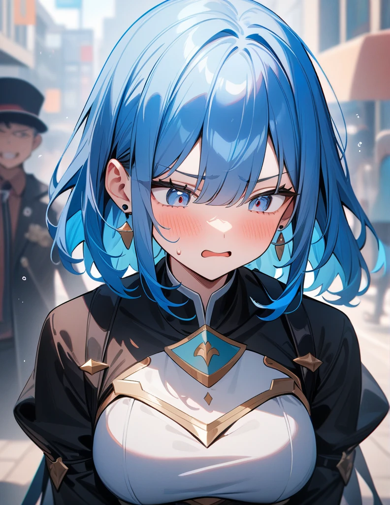 (high quality, 8K, 4k, masterpiece:1.2, high quality, best aesthetics), 1girl with silver chest plate earings,long blue hair,terrible expression,medium breast