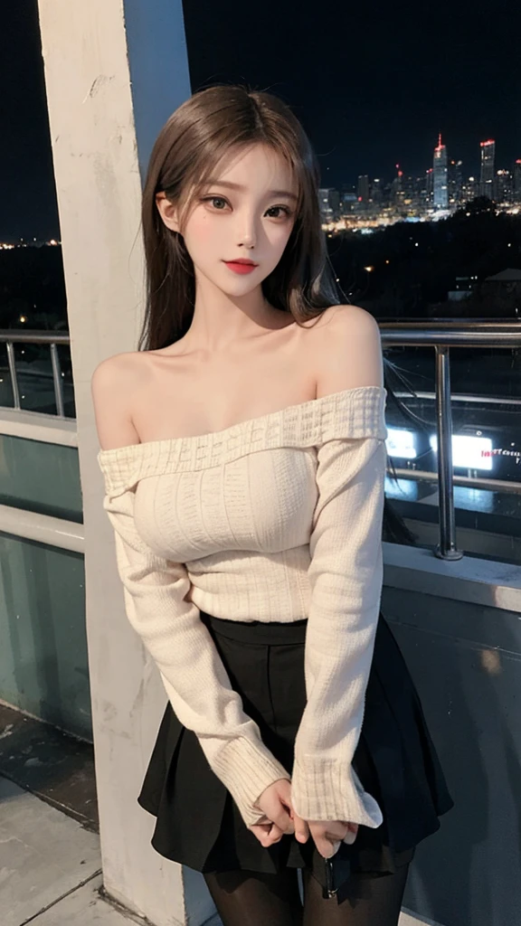 A beautiful Chinese girl wearing an off-shoulder white sweater dress and black pantyhose,Height 160,Weight 45kg,Perfect body,fairer complexion,Oval face,Deep facial features,Long brown hair,A confident smile,A little blush on face,light pink eyeshadow,night time，Posing against the railing on the observation deck,Realistic style,masterpiece