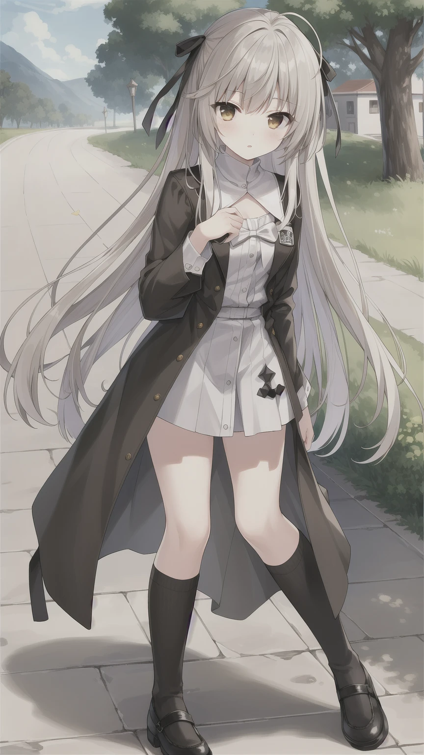 ((masterpiece:1.4, best quality)) ,Kasugano Sora,Naughty and energetic girl,Brown eyes,Happy,Long straight hair，Black knee-high socks Jane Shoes，summer，Colorful streets，brown coat