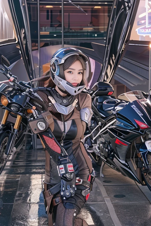 ((best quality)), ((masterpiece)), (detailed), perfect face motor_vehicle, motorcycle, ground_vehicle, antennae, 1girl, female_focus, solo, helmet, armor, photo_background, riding