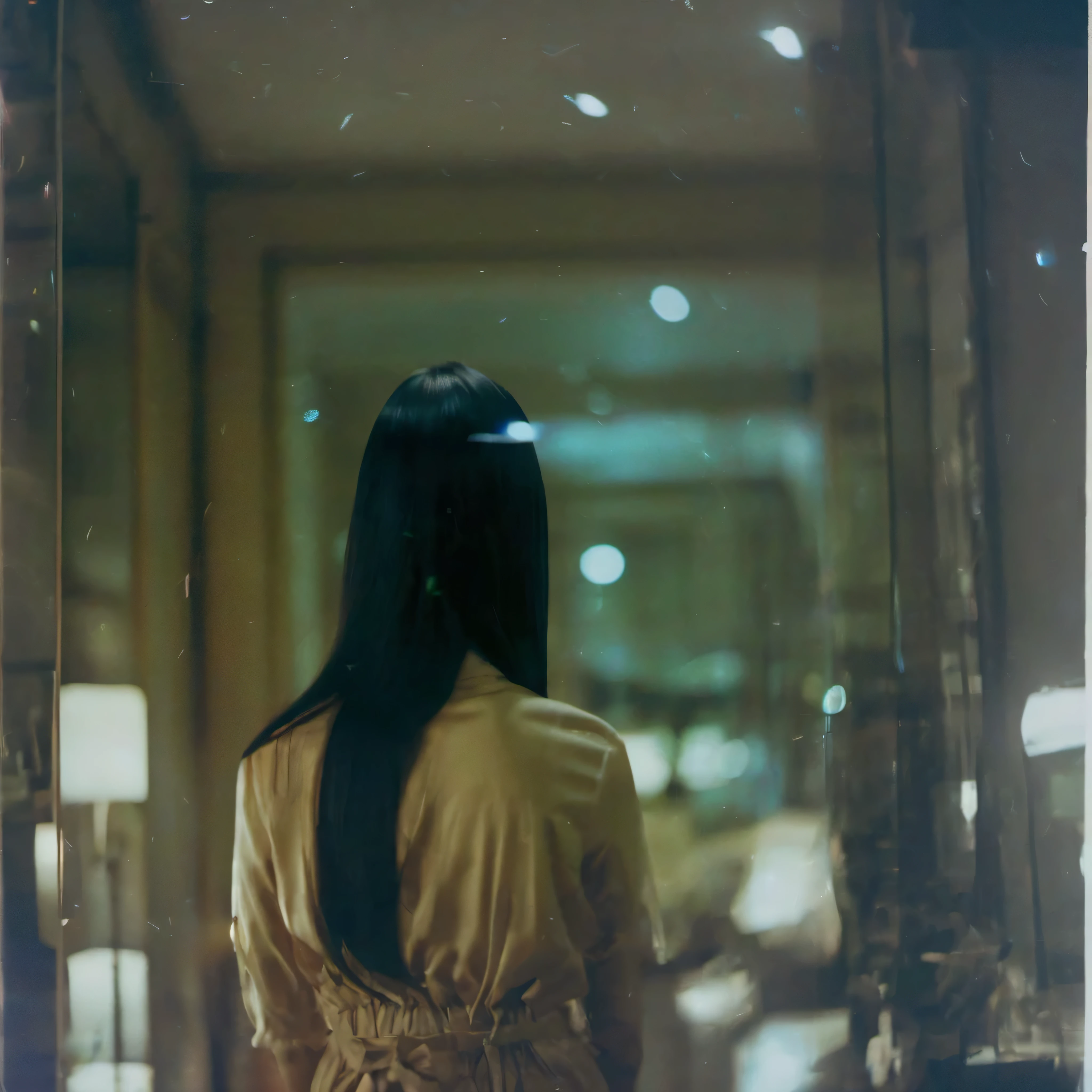 35mm kodak photo of a asian woman in front of mirror, facing away    bokeh, professional, facing away from camera, straight long black hair, facing against camera, back body