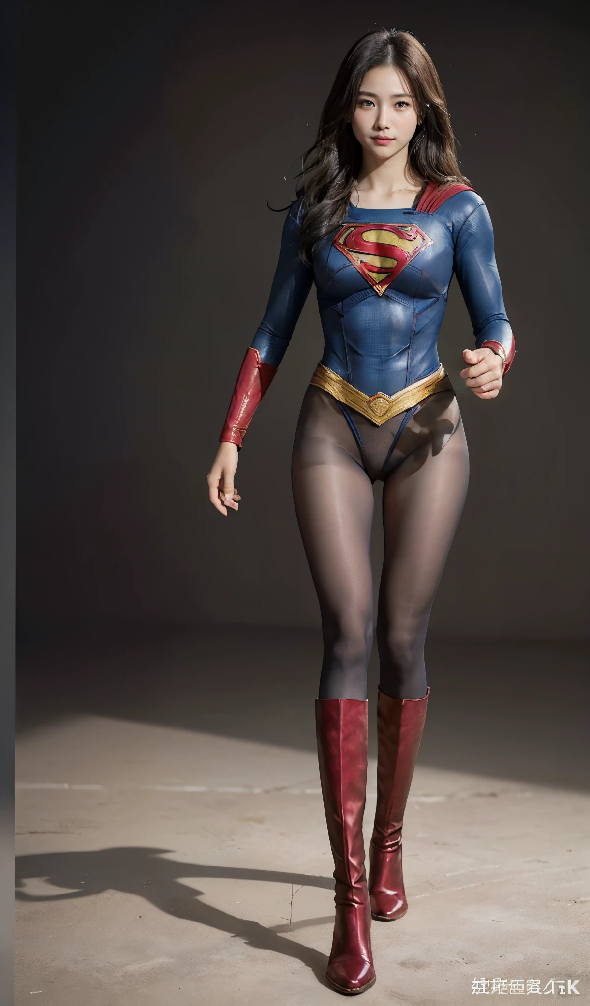No background、(((Beautiful legs in black tights.)))、(((Legally express the beauty of your smile)))、((((Make the most of your original images)))、(((Supergirl Costume)))、(((Beautiful Hair)))、(((suffering)))、(((Please wear black tights....、Wear red boots)))、((Best image quality、8K))、((highest quality、8K、masterpiece:1.3))、(((keep background )))、Sharp focus:1.2、Beautiful woman with perfect figure:1.4、Thin abdominal muscles:1.2、Wet body:1.5、Highly detailed face and skin texture、8K