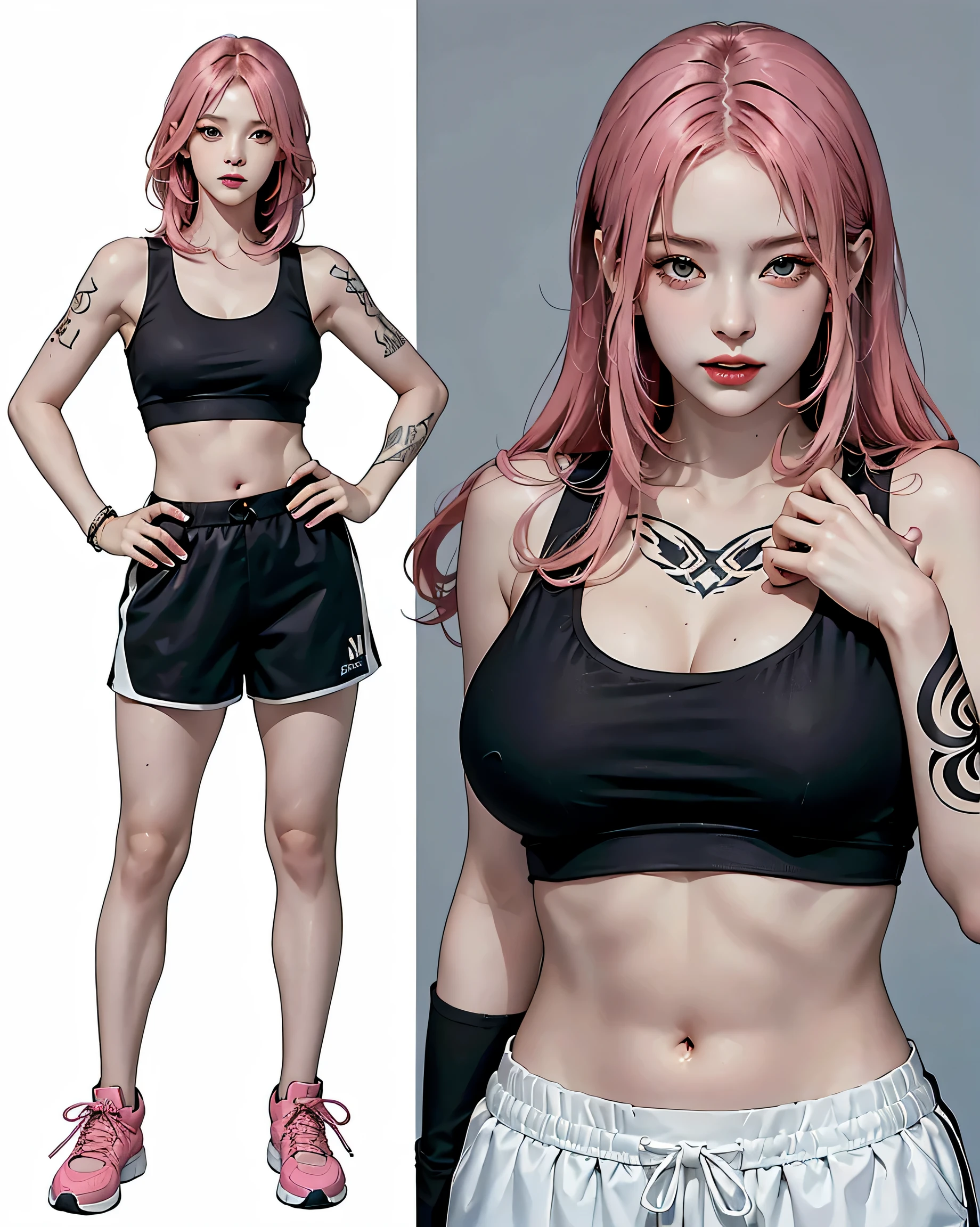 Perfect Style, Beautiful Face, Highly detailed face and skin texture, (Maximum resolution: 1.2), 1 female, alone, Hip Up, jewelry, (((tattoo)), Streetwear, Sports Bra, Pink Hair, Shorts, sports boots, (((Narrow waist))), ((Big Breasts))