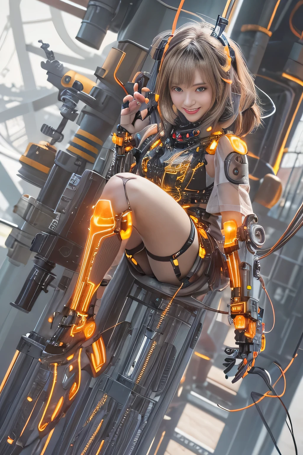 Best quality, High_Resolution.Parasites in girls_Mecha ,Dirty, Peeled skin, Guro,Masterpiece, Best_quality, 1girll, Solo, rubbery, Crop top, goggles on head, Orange skirt, navel, Skirt lift, lifted by self,