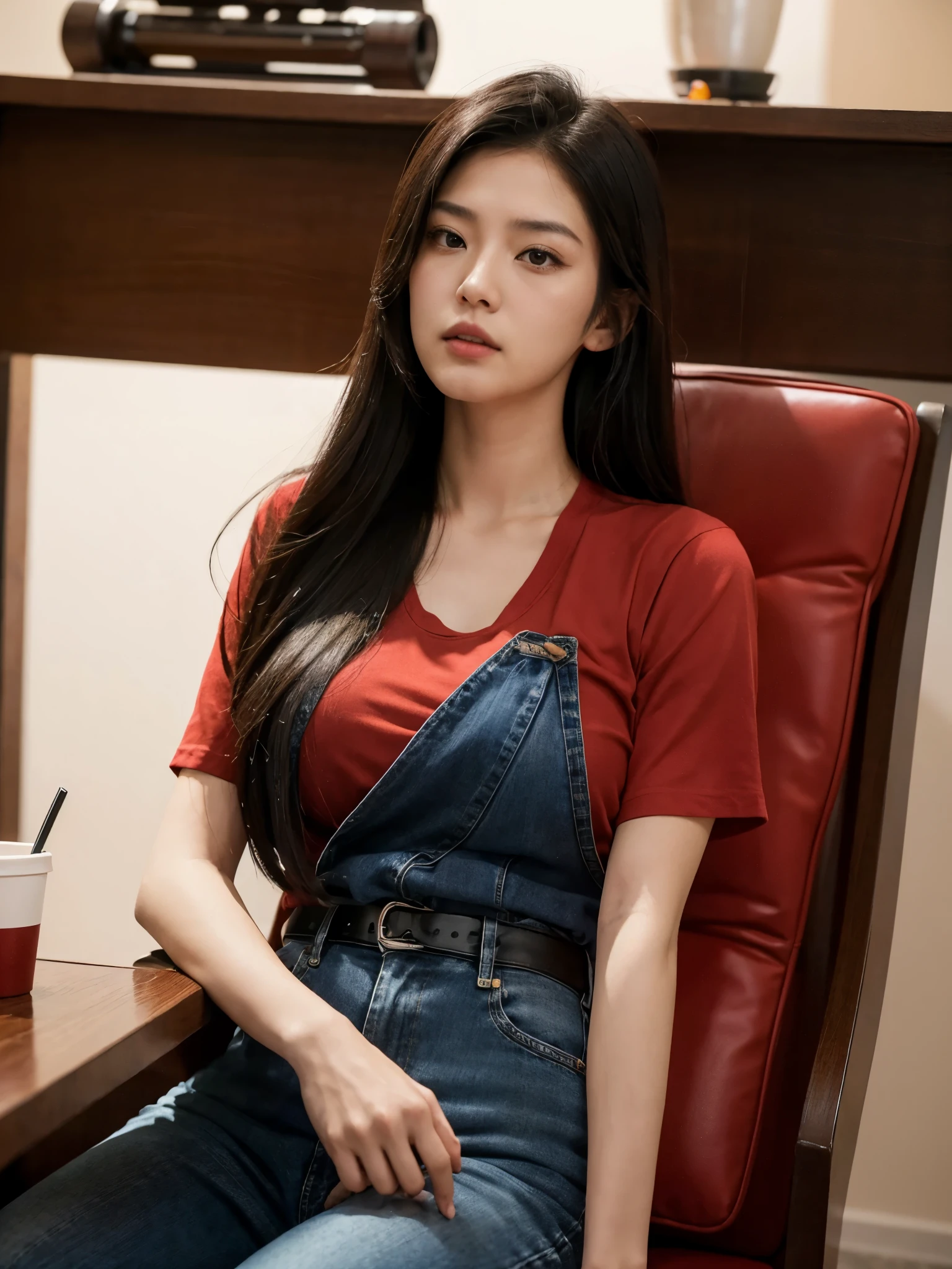 A beautiful japanese gangster boss with a typical japanese face, 25 years old, long black hair, black denim under a red t- shirt, a number of scratches,on her hands, sitting relaxed in a reclined chair while holding a coffee cup. In front of her there is a table and a gun. The background of the letter "JACKLYN" logo is decorated with white neon lights and several swords hanging,There were several female bodyguards behind her, thin light, super realistic, high low angle, look up shoot, photograph