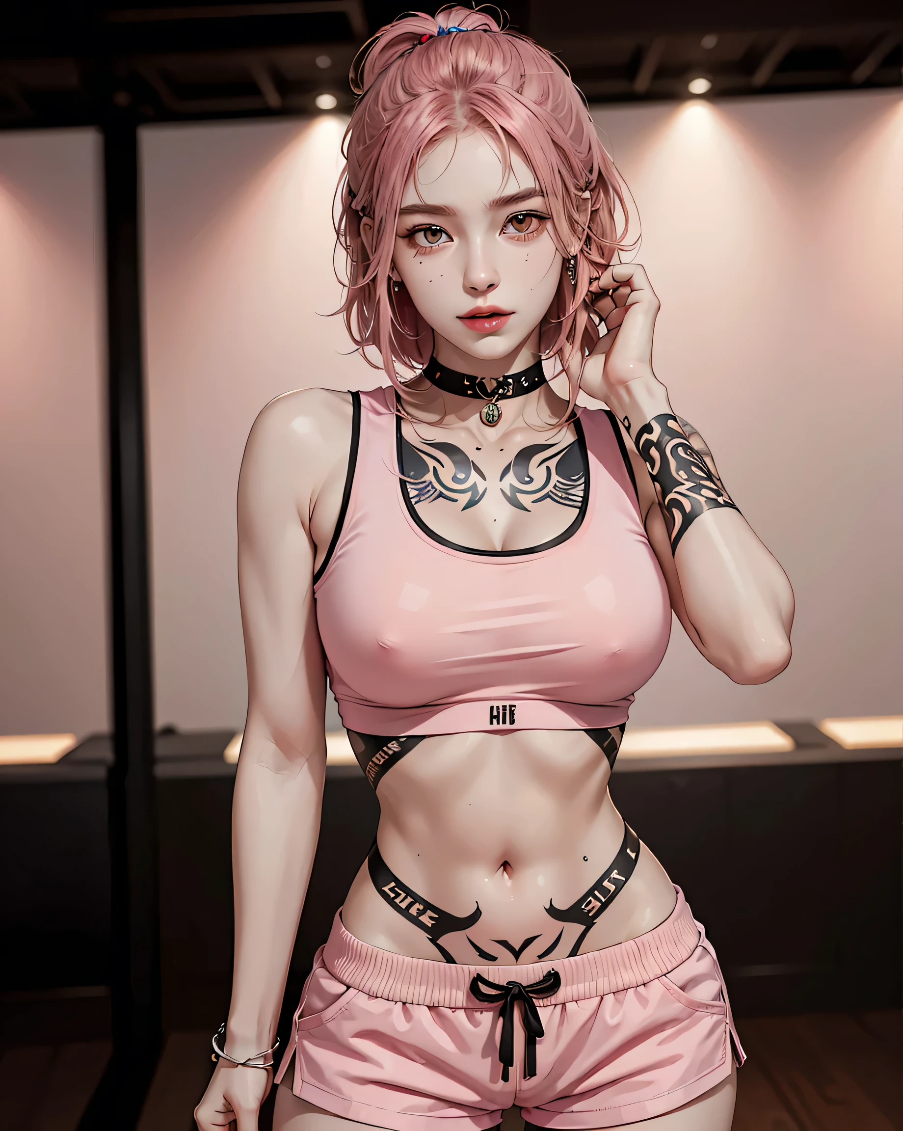 (NSFW:0.7), Perfect Style, Beautiful Face, Highly detailed face and skin texture, (Maximum resolution: 1.2), 1 female,Hip Up, jewelry, (((Has a lot of tattoos all over his body)), Streetwear, Sports Bra, Pink Hair, Shorts, sneakers, (((Narrow waist))), ((Big Breasts))