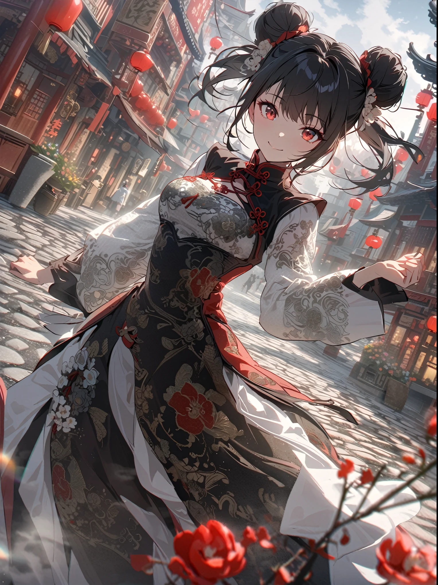 (beautiful girl, solo), black hair, double bun, red eyes, red gothic dress with intricate embroidery, Chinese clothes, [[[china town]]], steampunk city, red lantern, [spring flowers], cobblestone road, best shadows, bloom, smile, wind, fog, dutch angle, chromatic aberration, depth of field