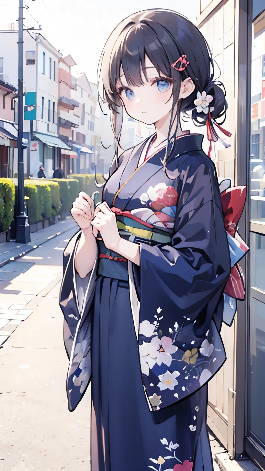 ((Best quality, 8k, Masterpiece: 1.3)), Highly detailed face and skin texture, Detailed eyes, Girl in traditional Japanese kimono、Morning glory costume、Light blue kimono、Take an evening stroll through a Japanese festival、Innocent expression、Cute black hair girl、She has a hairpin in her hair