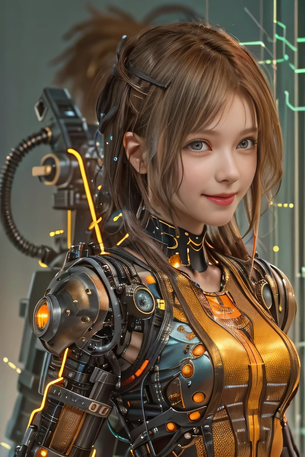 Glowing cyber girl with cybernetic arm,(See-through costume:1.3, )Stand on the post-apocalyptic battlefield.Surrounded by a network of wires. surrounded by circuits. (Cyber girl with a submachine gun:1.3), Shiny light brown and orange striped short hair,Cute Smile,Perfect round face,A bright smile that makes everyone happy,Proper body balance,Tabletop,Ultra-high quality output images,High resolution,Intricate details,Very delicate and beautiful hair,Photo realistic,dream-like,Professional Lighting,Realistic Shadows,Focus Only,Beautiful Hands,Beautiful fingers,Detailed characteristics of the fingers,Detailed garment features,Detailed hair features,Detailed facial features,