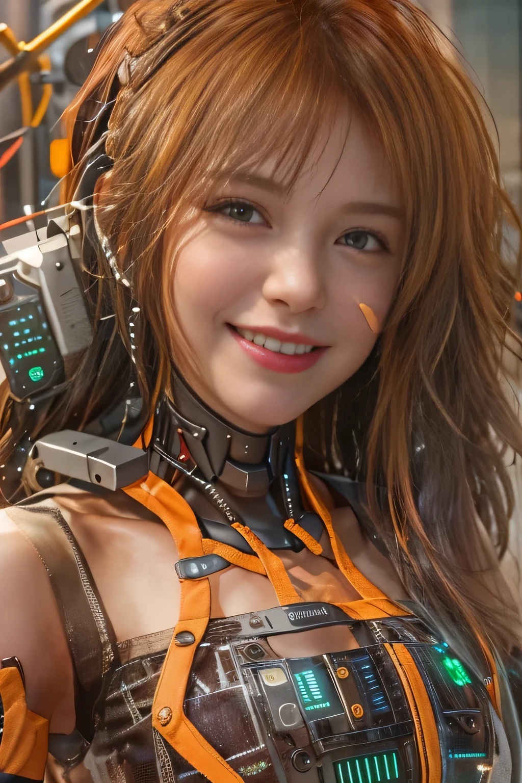 Glowing cyber girl with cybernetic arm,(See-through costume:1.3, )Stand on the post-apocalyptic battlefield.Surrounded by a network of wires. surrounded by circuits. (Cyber girl with a submachine gun:1.3), Shiny light brown and orange striped short hair,Cute Smile,Perfect round face,A bright smile that makes everyone happy,Proper body balance,Tabletop,Ultra-high quality output images,High resolution,Intricate details,Very delicate and beautiful hair,Photo realistic,dream-like,Professional Lighting,Realistic Shadows,Focus Only,Beautiful Hands,Beautiful fingers,Detailed characteristics of the fingers,Detailed garment features,Detailed hair features,Detailed facial features,