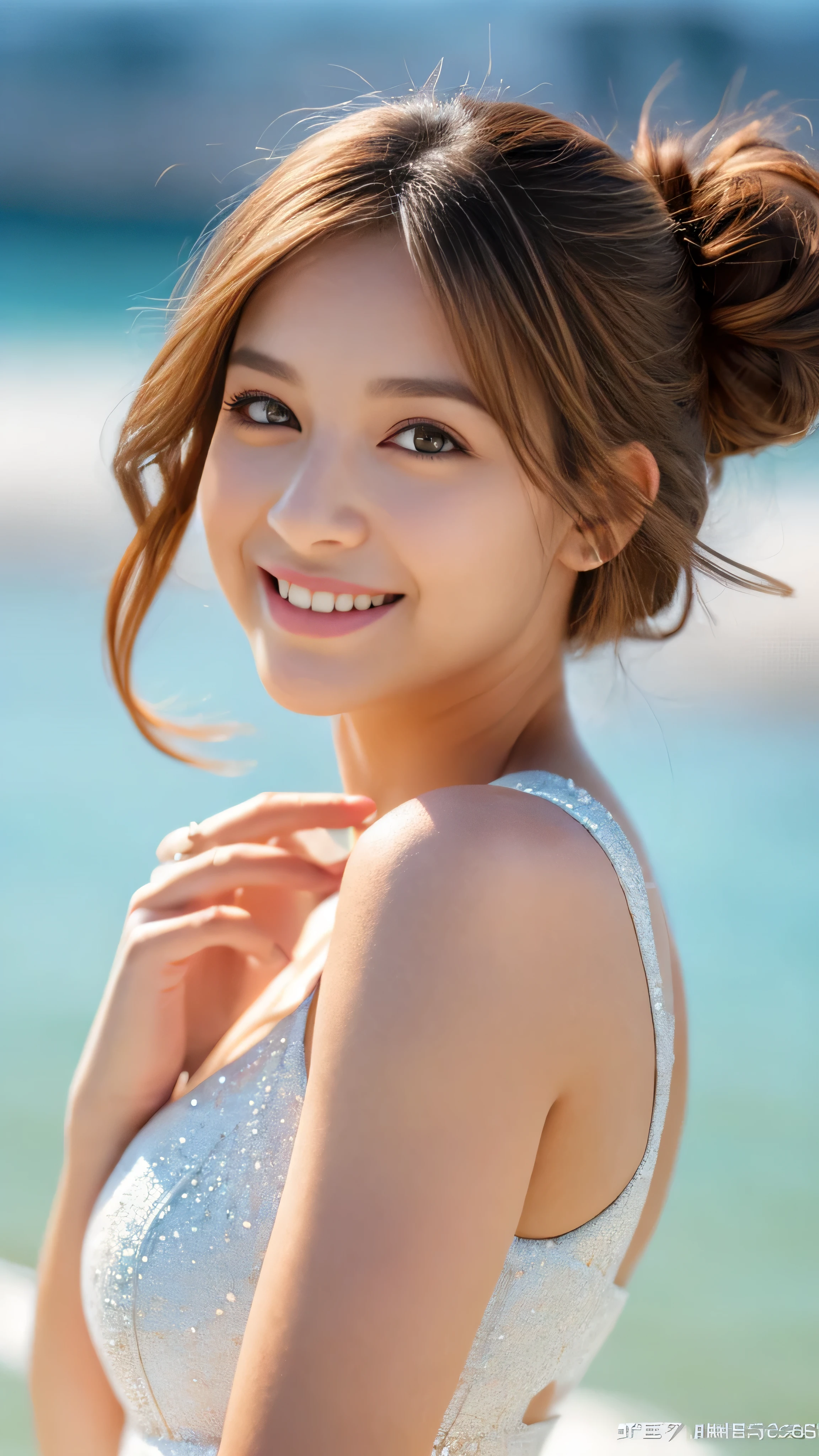 Masterpiece, highest quality, illustration, ultra-definition, detailed, high resolution, 8K wallpaper, perfect dynamic composition, detailed eyes, summer women's fashion, wavy hair, small breasts, natural colored lips, smile, Harajuku, 25-year-old girl , cute, sexy shots looking at the camera,