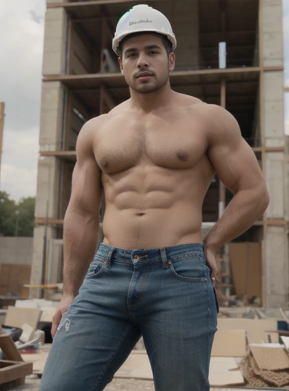 Thiago, constructor, working at a construction site, cuerpo musculoso, detallado, detallado body, Big muscular body, jeans