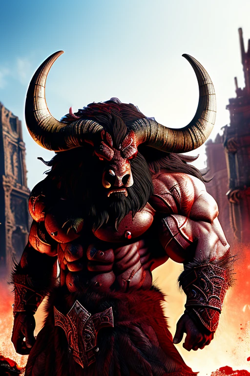 Red fur Minotaur, full of rage, ruined city background, detailed anatomy, gigantic body, perfect muscle, perfect photograph